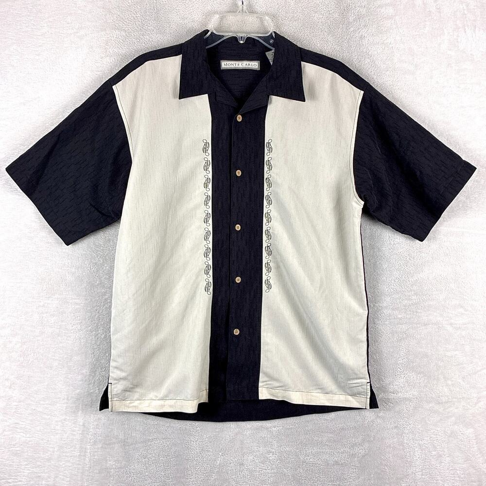VTG Monte Carlo Bowling Shirt Men M Black Ivory Embroidered Music Note Rayon 90s